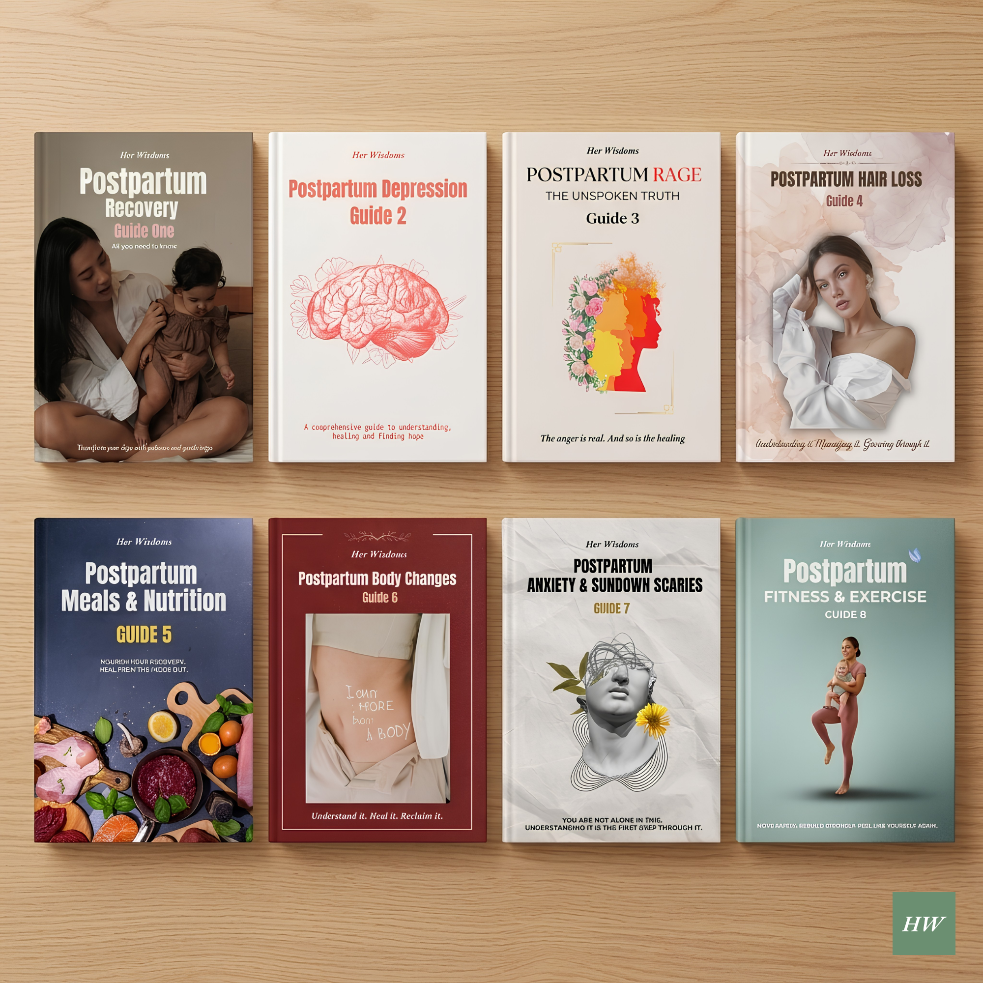 HerWisdoms Postpartum Guides Collection — 8 research-backed PDF guides covering postpartum recovery, depression, rage, hair loss, nutrition, body changes, anxiety and fitness